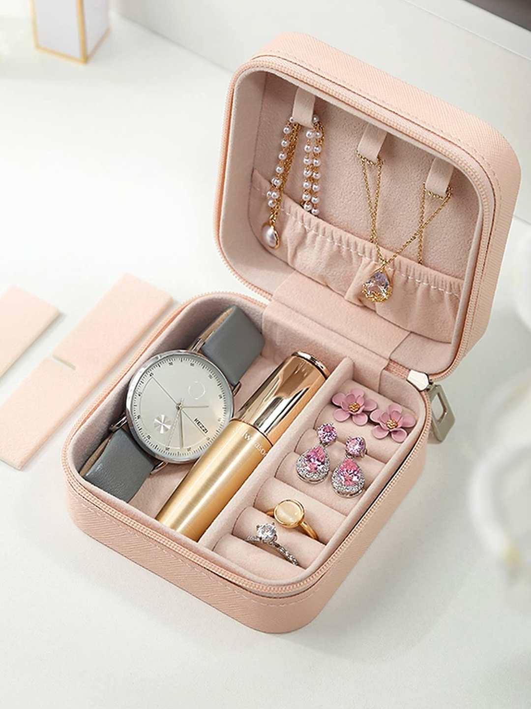 YouBella Jewellery Organiser PU Leather Zipper Portable Storage Box Case with Dividers Container for Rings, Earrings, Necklace Home Organizer, Pink (Style 1)
